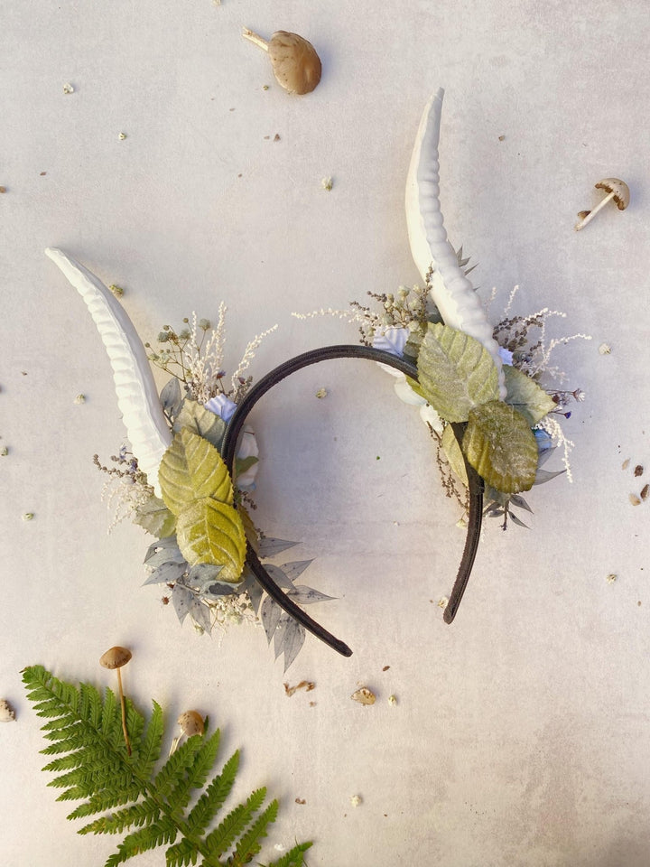 Blue Flower Crown with White Horns: Romantic Floral Headpiece – handmade floral hair accessory by magaela