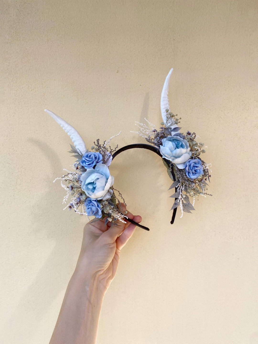 Blue Flower Crown with White Horns: Romantic Floral Headpiece – handmade floral hair accessory by magaela