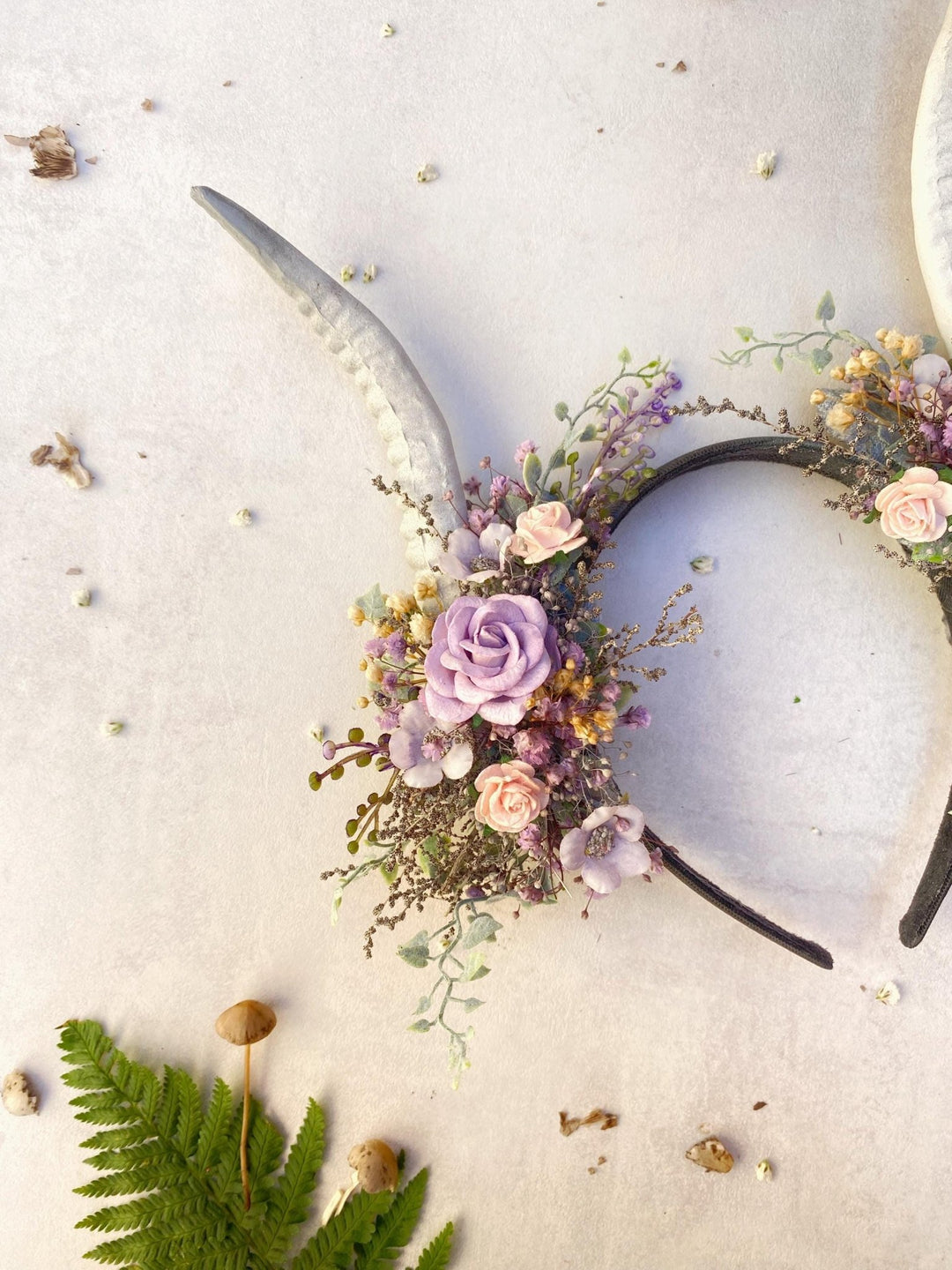 Fantasy Flower Crown with White Horns: Pagan Headpiece – handmade floral hair accessory by magaela