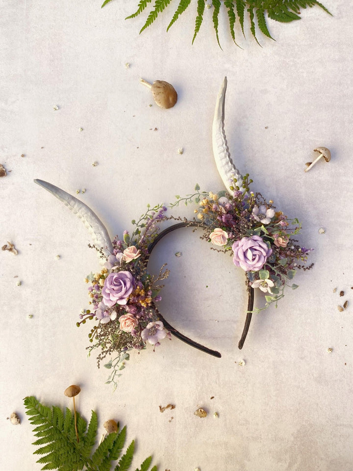 Fantasy Flower Crown with White Horns: Pagan Headpiece – handmade floral hair accessory by magaela