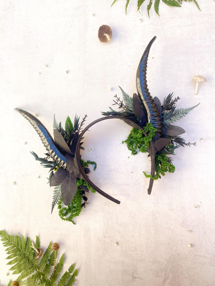 Black Horns Crown: Fern & Woodland Headpiece - Pagan Wicca Samhain – handmade floral hair accessory by magaela