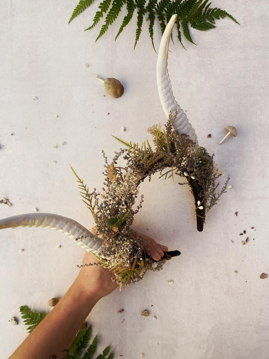 White Horns Flower Crown: Gothic Wedding Headpiece, Pagan Witch – handmade floral hair accessory by magaela