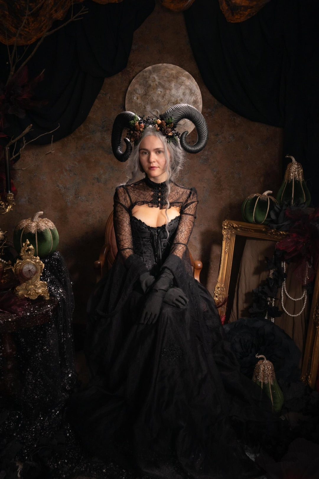 Woodland Horned Crown: Mutton Horn Headpiece, Fairycore Headband – handmade floral hair accessory by magaela