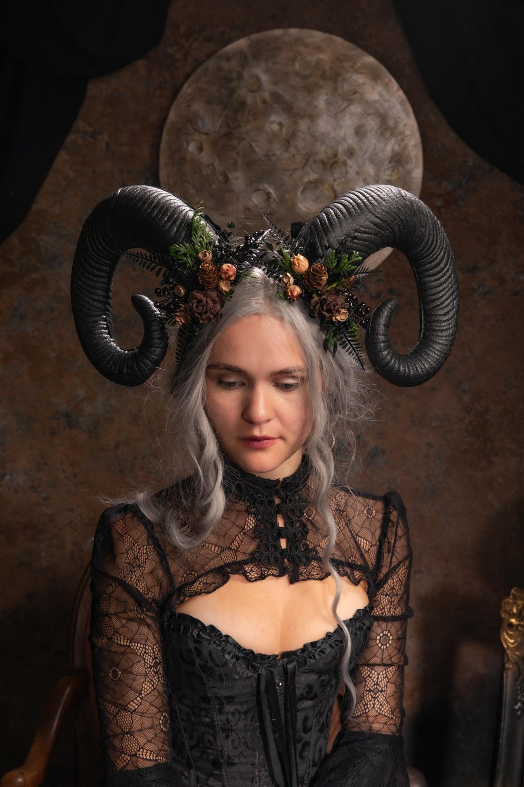 Woodland Horned Crown: Mutton Horn Headpiece, Fairycore Headband – handmade floral hair accessory by magaela