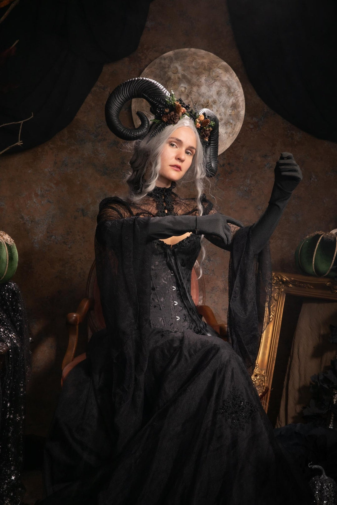 Woodland Horned Crown: Mutton Horn Headpiece, Fairycore Headband – handmade floral hair accessory by magaela