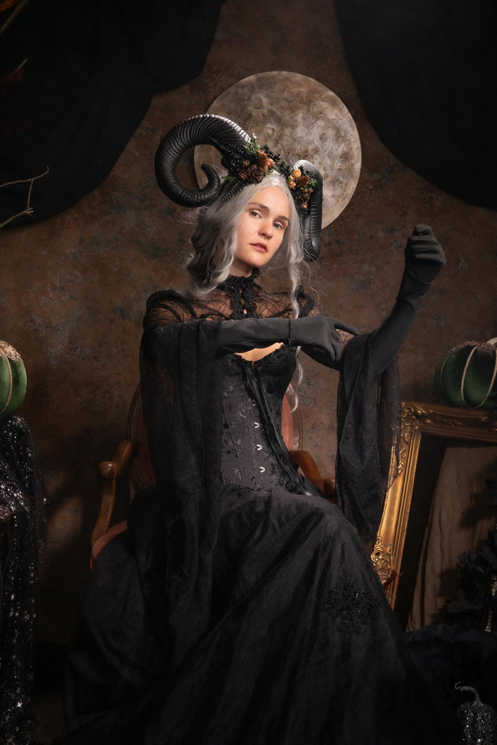 Woodland Horned Crown: Mutton Horn Headpiece, Fairycore Headband – handmade floral hair accessory by magaela