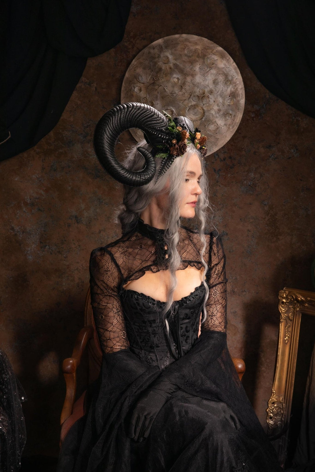 Woodland Horned Crown: Mutton Horn Headpiece, Fairycore Headband – handmade floral hair accessory by magaela