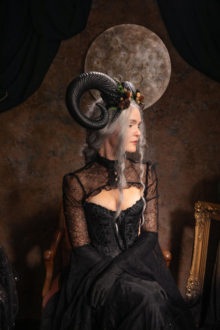 Woodland Horned Crown: Mutton Horn Headpiece, Fairycore Headband – handmade floral hair accessory by magaela