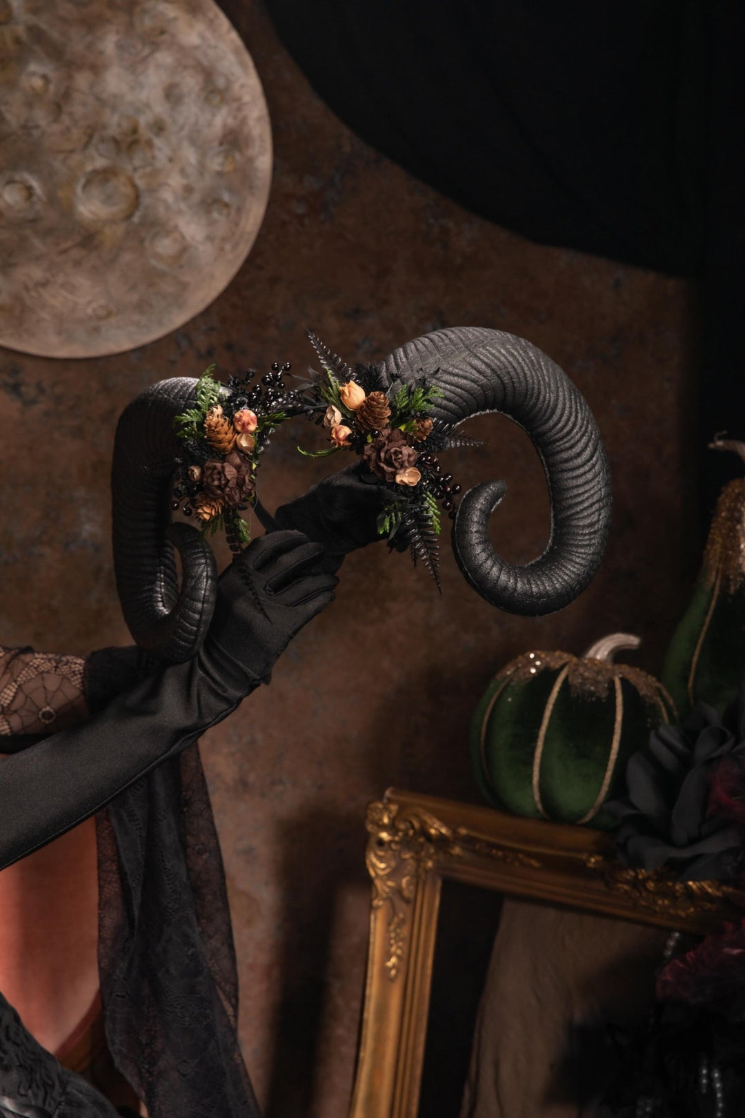 Woodland Horned Crown: Mutton Horn Headpiece, Fairycore Headband – handmade floral hair accessory by magaela