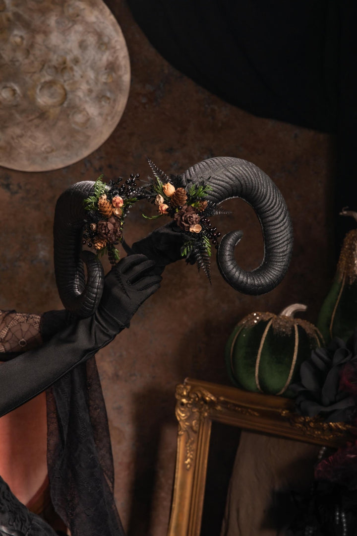 Woodland Horned Crown: Mutton Horn Headpiece, Fairycore Headband – handmade floral hair accessory by magaela