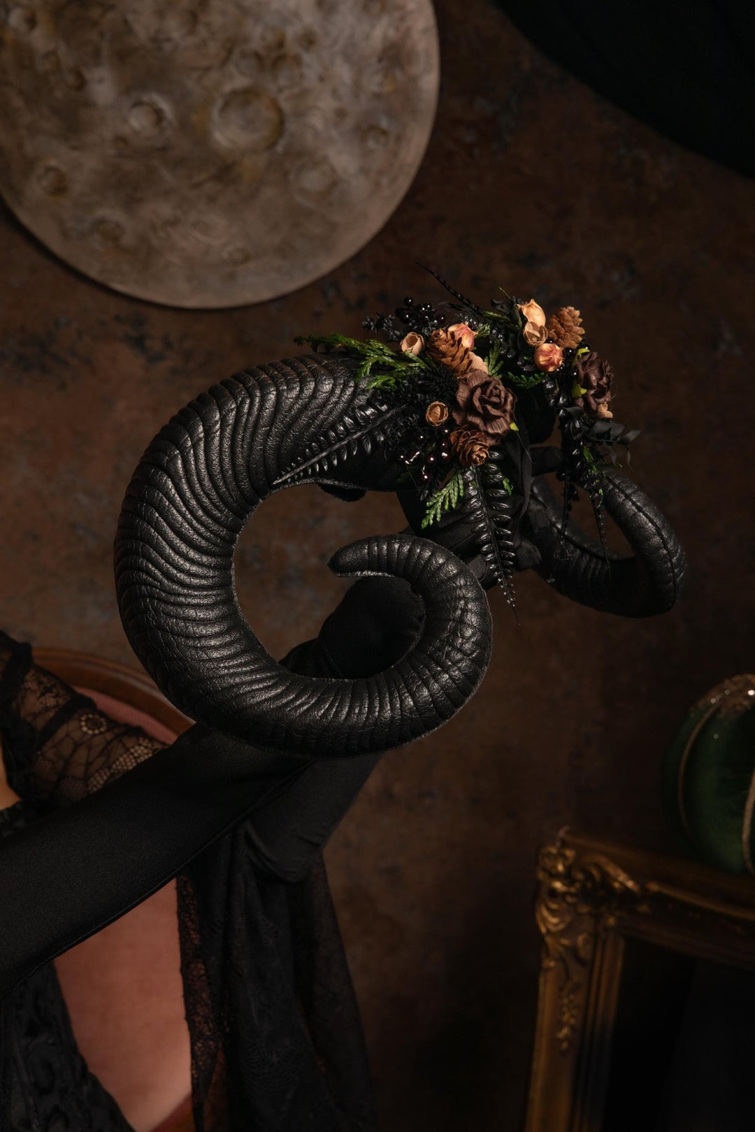 Woodland Horned Crown: Mutton Horn Headpiece, Fairycore Headband – handmade floral hair accessory by magaela