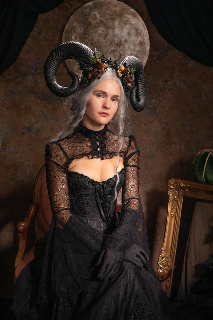 Woodland Horned Crown: Mutton Horn Headpiece, Fairycore Headband – handmade floral hair accessory by magaela