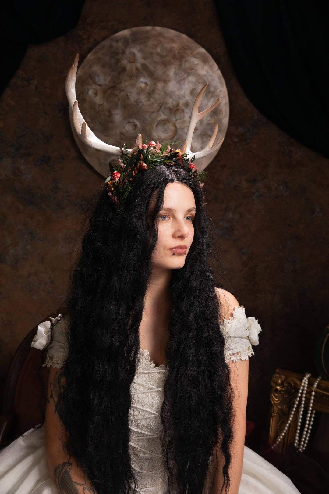 Mushroom Antler Headpiece: Woodland Fairycore Crown – handmade floral hair accessory by magaela