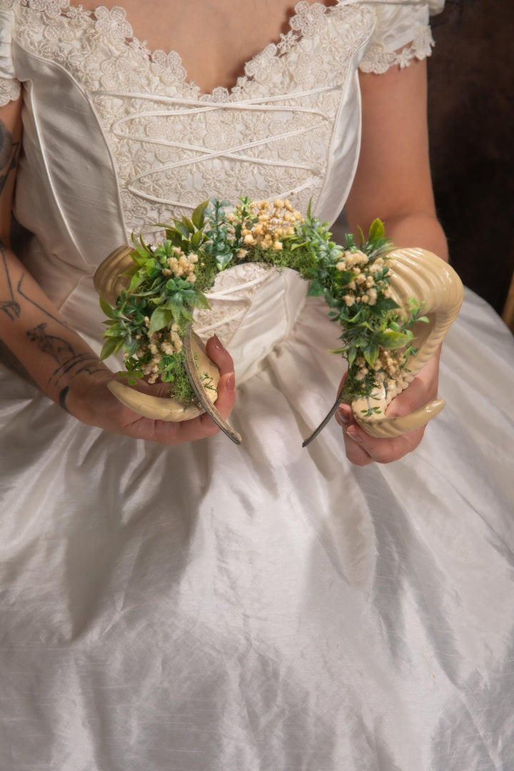 Greenery Horns Crown: Handmade Fairycore Headband – handmade floral hair accessory by magaela