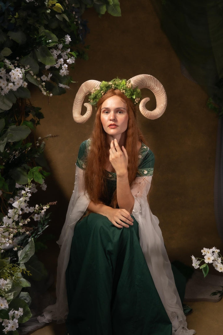 Greenery Witch Headband: Ram Horns Crown - Fairycore Pagan Cosplay – handmade floral hair accessory by magaela