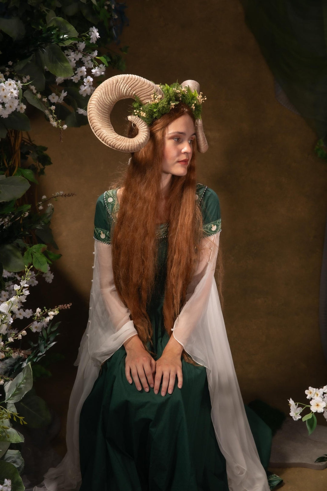 Greenery Witch Headband: Ram Horns Crown - Fairycore Pagan Cosplay – handmade floral hair accessory by magaela