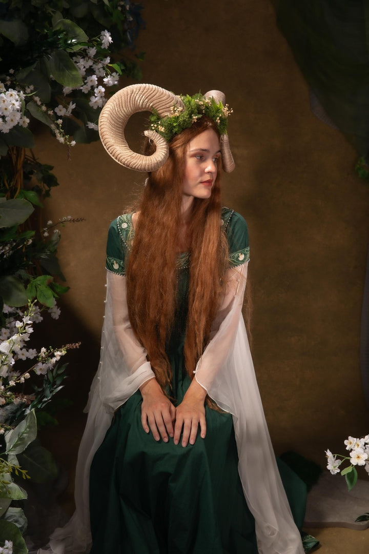 Greenery Witch Headband: Ram Horns Crown - Fairycore Pagan Cosplay – handmade floral hair accessory by magaela