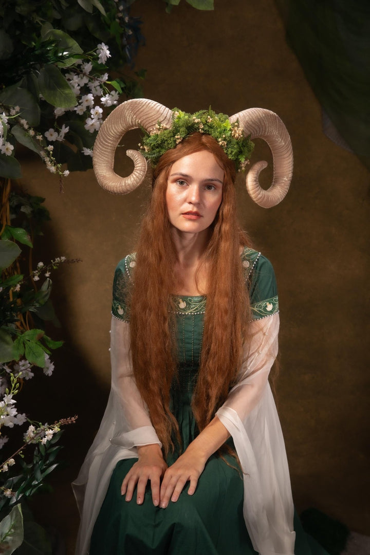 Greenery Witch Headband: Ram Horns Crown - Fairycore Pagan Cosplay – handmade floral hair accessory by magaela