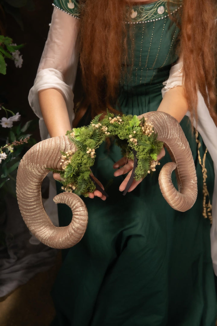 Greenery Witch Headband: Ram Horns Crown - Fairycore Pagan Cosplay – handmade floral hair accessory by magaela