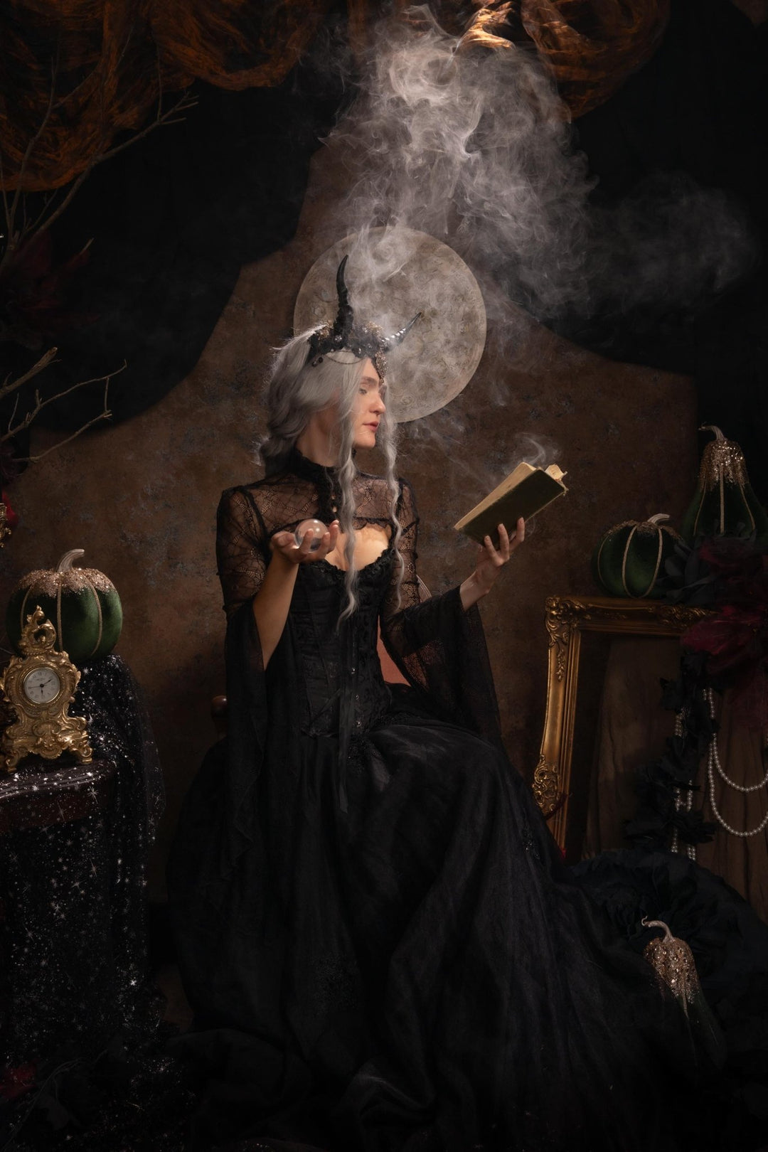 Black Horns Witch Crown: Gothic Wedding Headpiece, Pagan Fest – handmade floral hair accessory by magaela