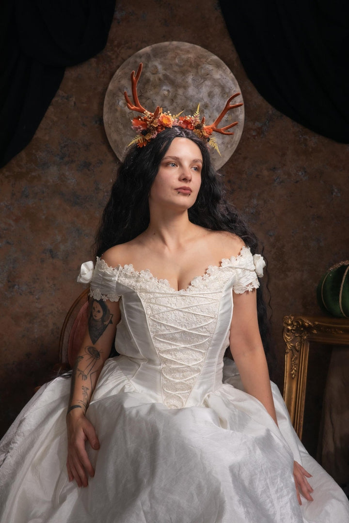 Antler Headpiece: Cinnamon Pumpkin Halloween Crown, Samhain Fairy Design – handmade floral hair accessory by magaela