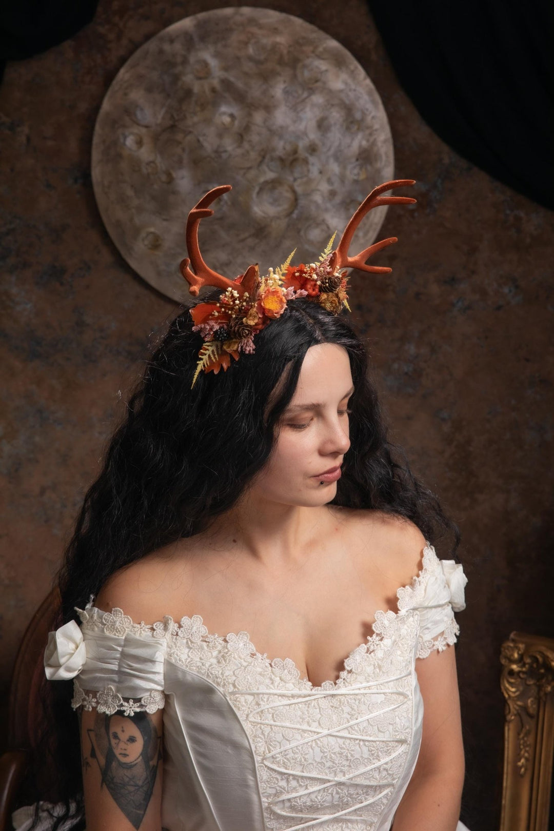 Antler Headpiece: Cinnamon Pumpkin Halloween Crown, Samhain Fairy Design – handmade floral hair accessory by magaela
