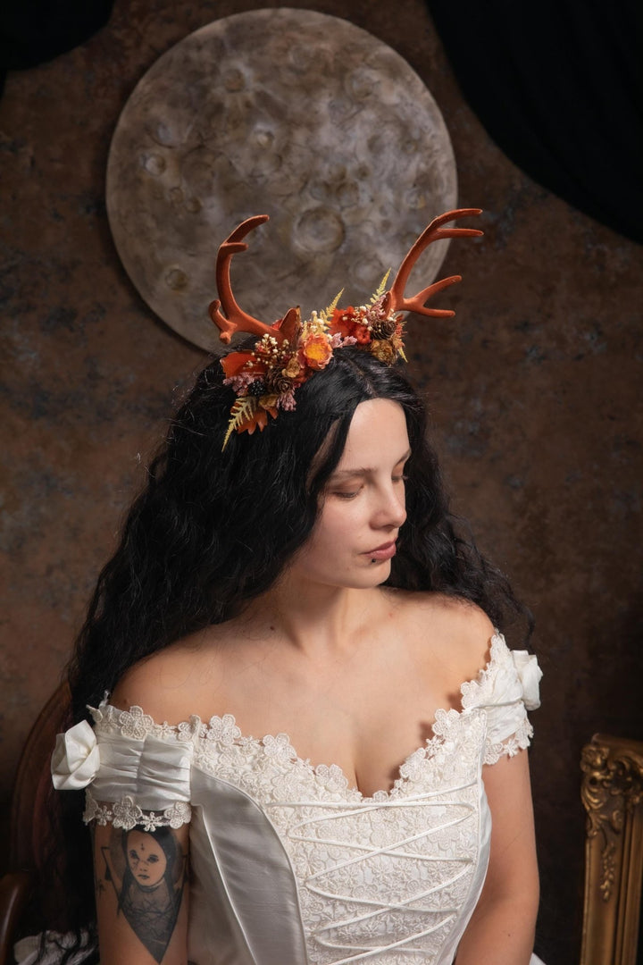 Antler Headpiece: Cinnamon Pumpkin Halloween Crown, Samhain Fairy Design – handmade floral hair accessory by magaela
