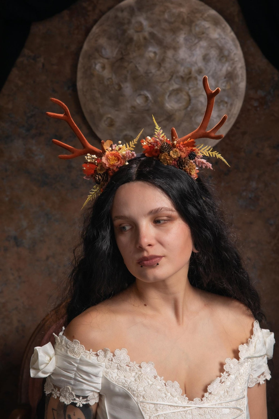 Antler Headpiece: Cinnamon Pumpkin Halloween Crown, Samhain Fairy Design – handmade floral hair accessory by magaela