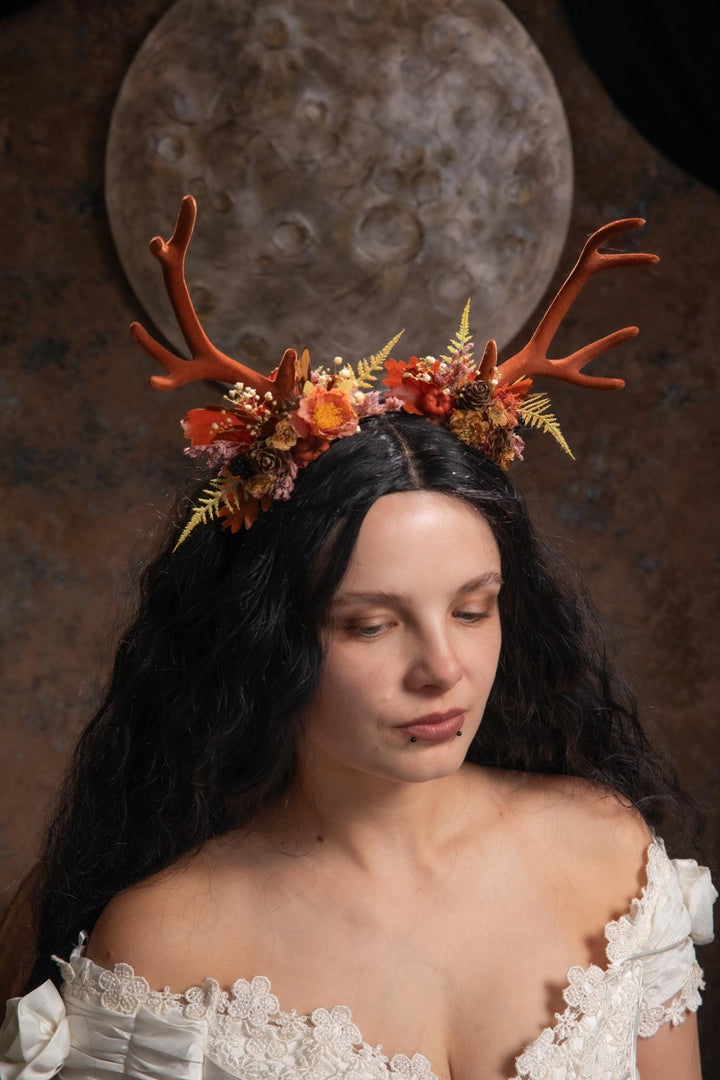 Antler Headpiece: Cinnamon Pumpkin Halloween Crown, Samhain Fairy Design – handmade floral hair accessory by magaela