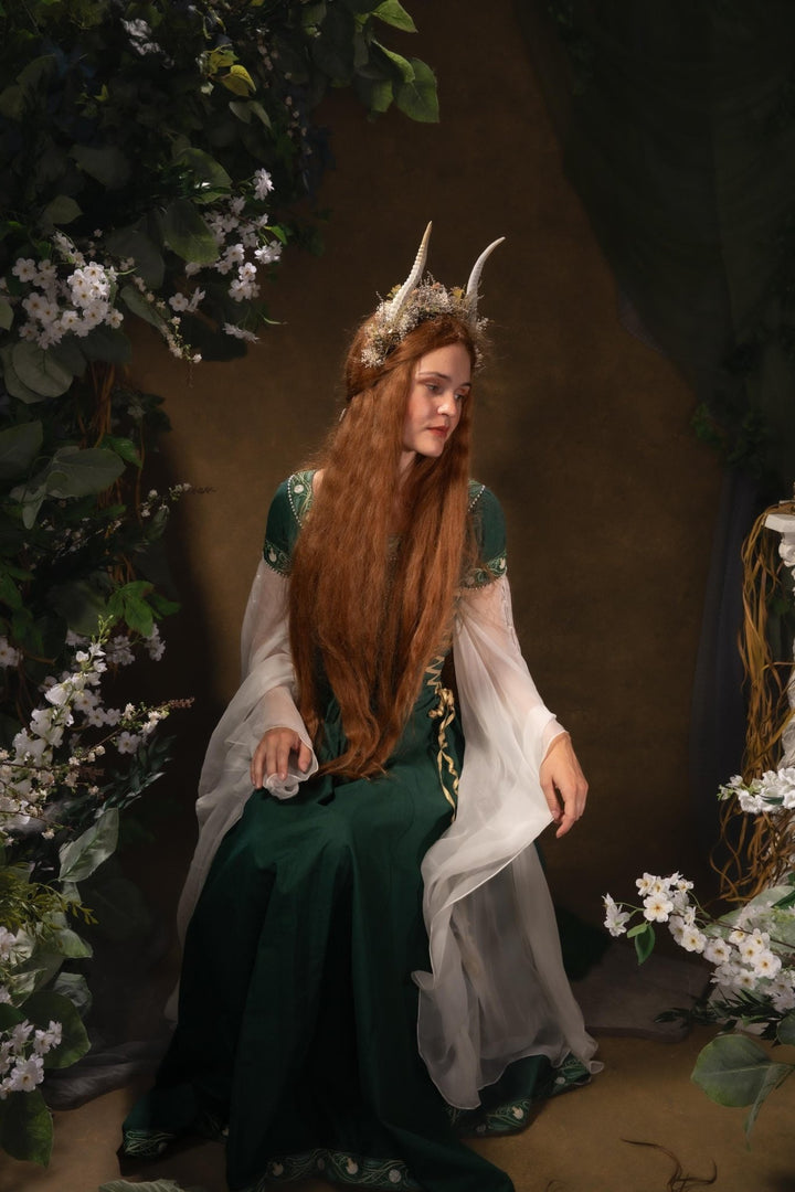 White Horns Flower Crown: Gothic Wedding Headpiece, Pagan Witch – handmade floral hair accessory by magaela