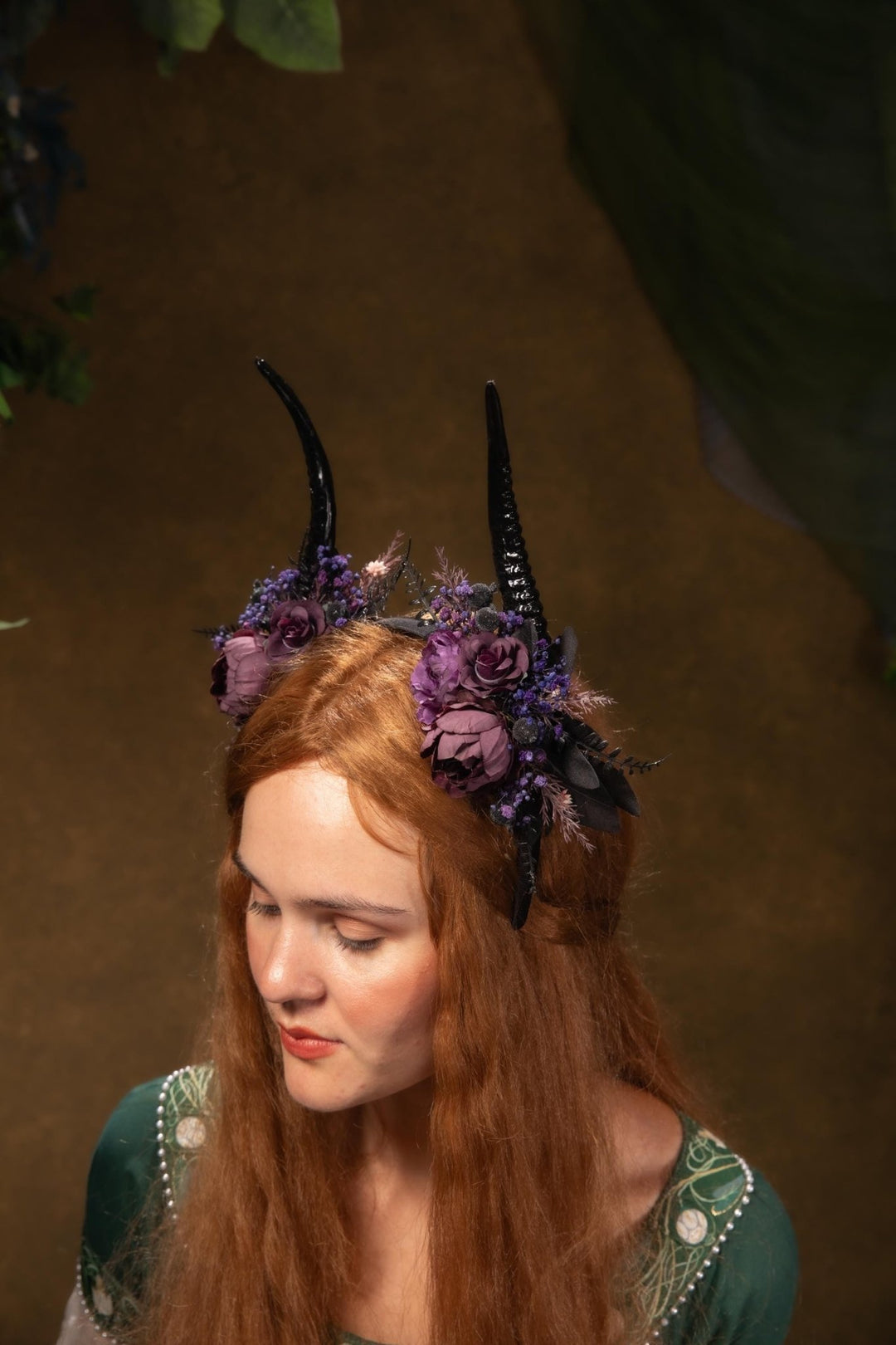 Purple Horns Flower Crown: Gothic Witch Headpiece, Pagan Samhain – handmade floral hair accessory by magaela