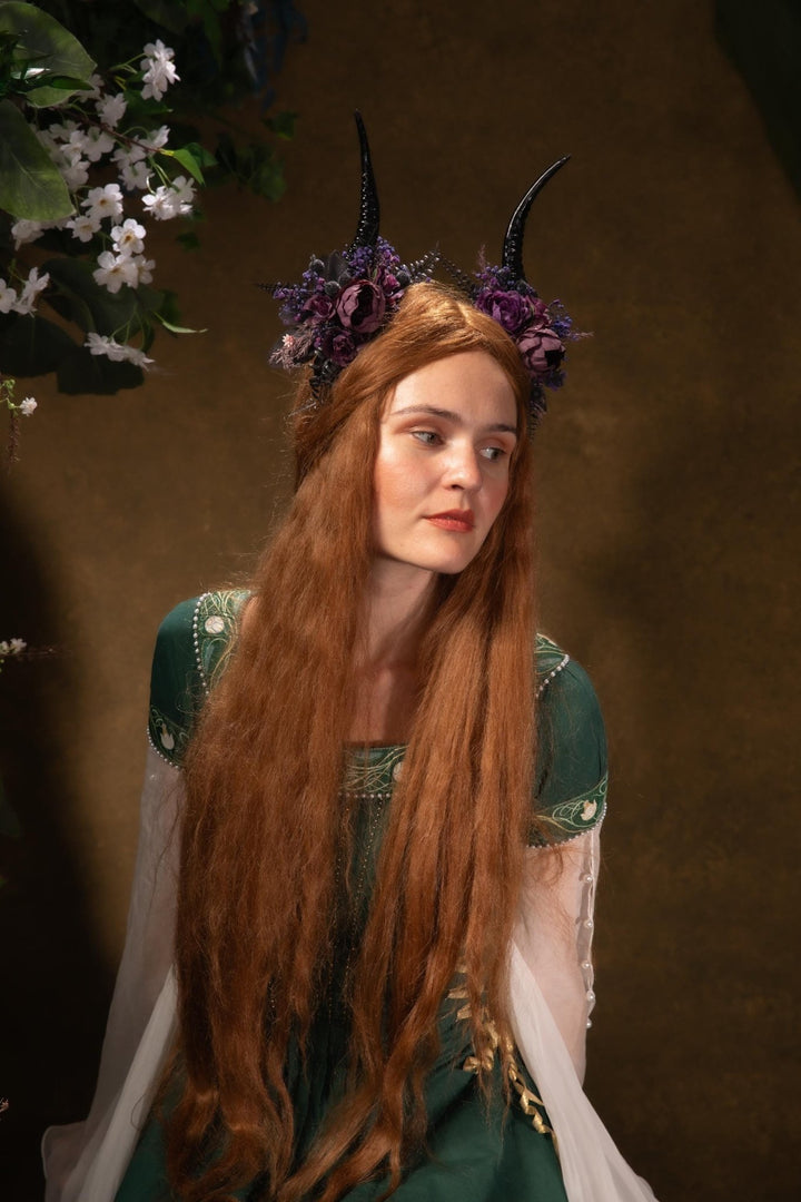 Purple Horns Flower Crown: Gothic Witch Headpiece, Pagan Samhain – handmade floral hair accessory by magaela