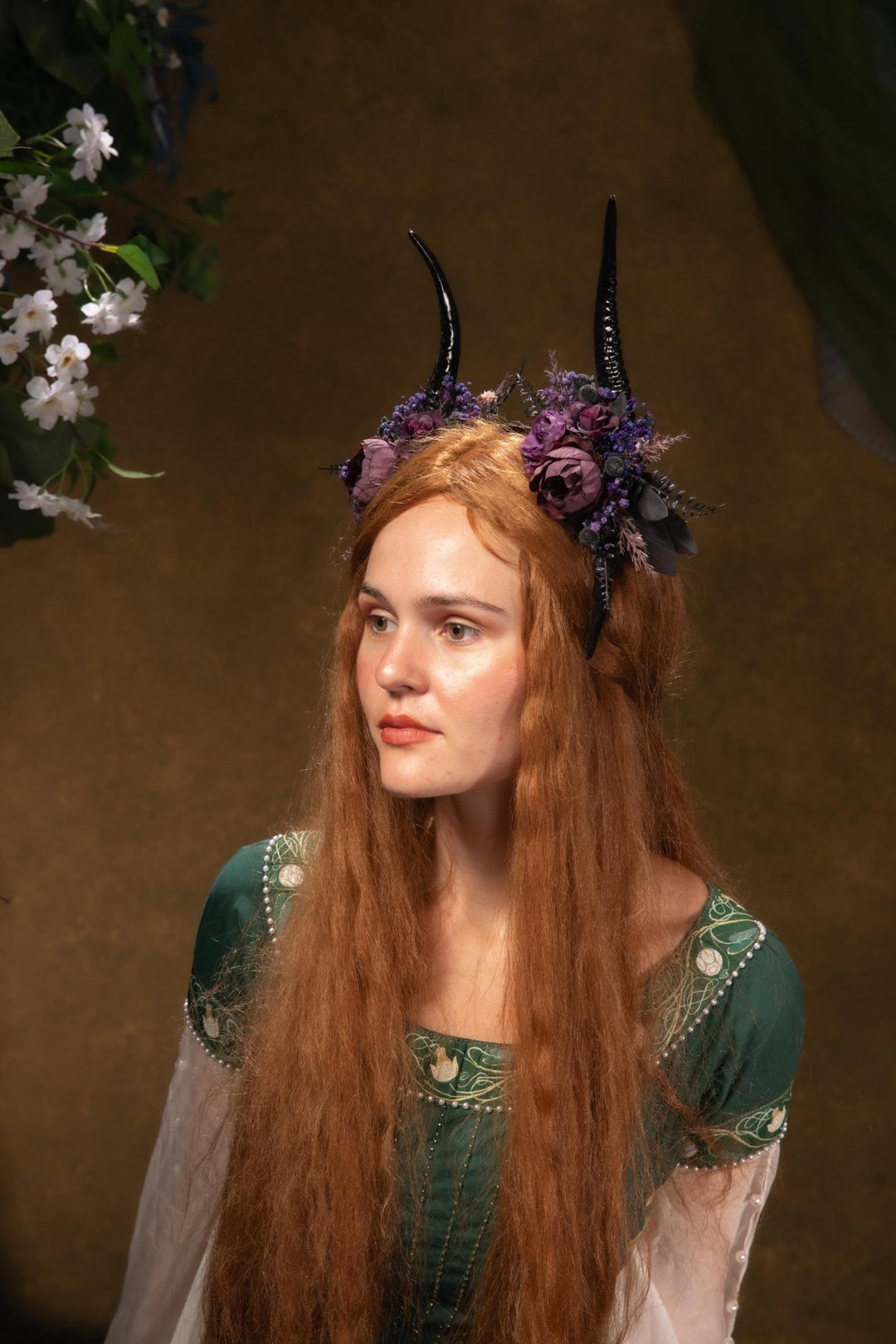 Purple Horns Flower Crown: Gothic Witch Headpiece, Pagan Samhain – handmade floral hair accessory by magaela