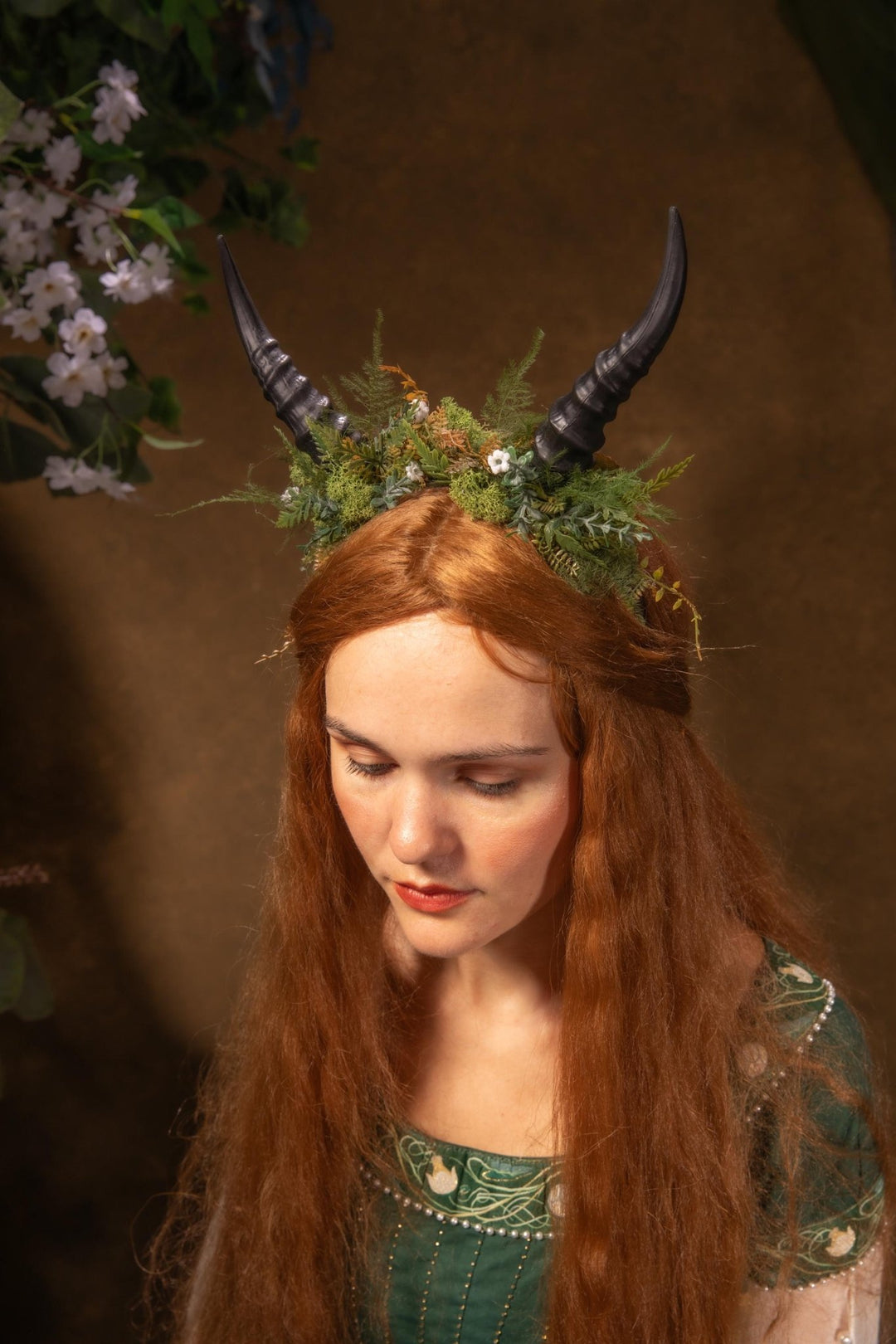 Woodland Horns Crown: Pagan Wiccan Headband, Fairycore Halloween – handmade floral hair accessory by magaela