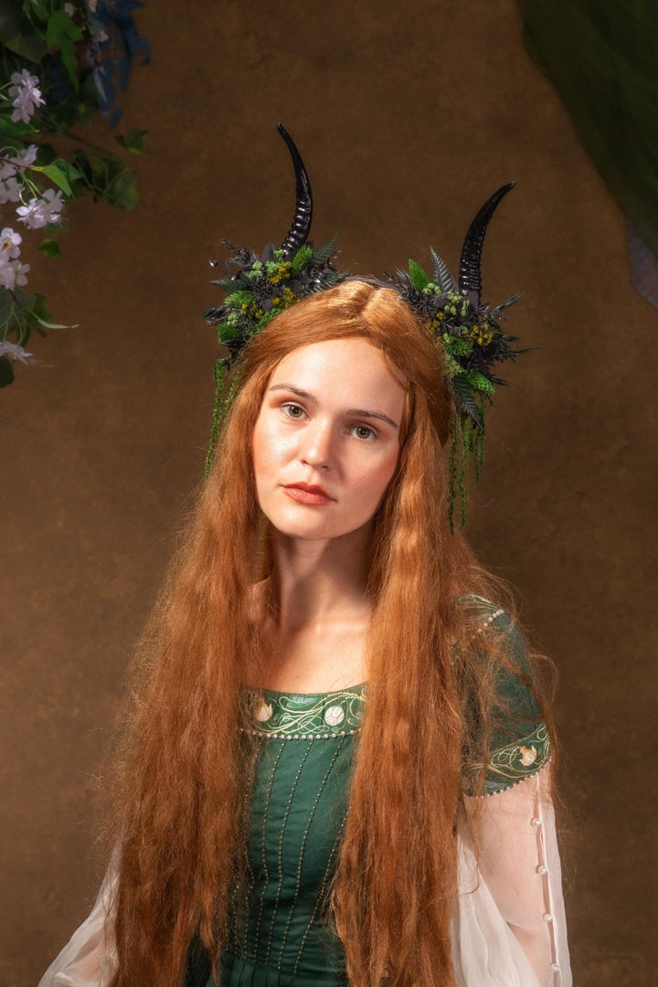 Black Horns Crown: Fern & Woodland Headpiece - Pagan Wicca Samhain – handmade floral hair accessory by magaela