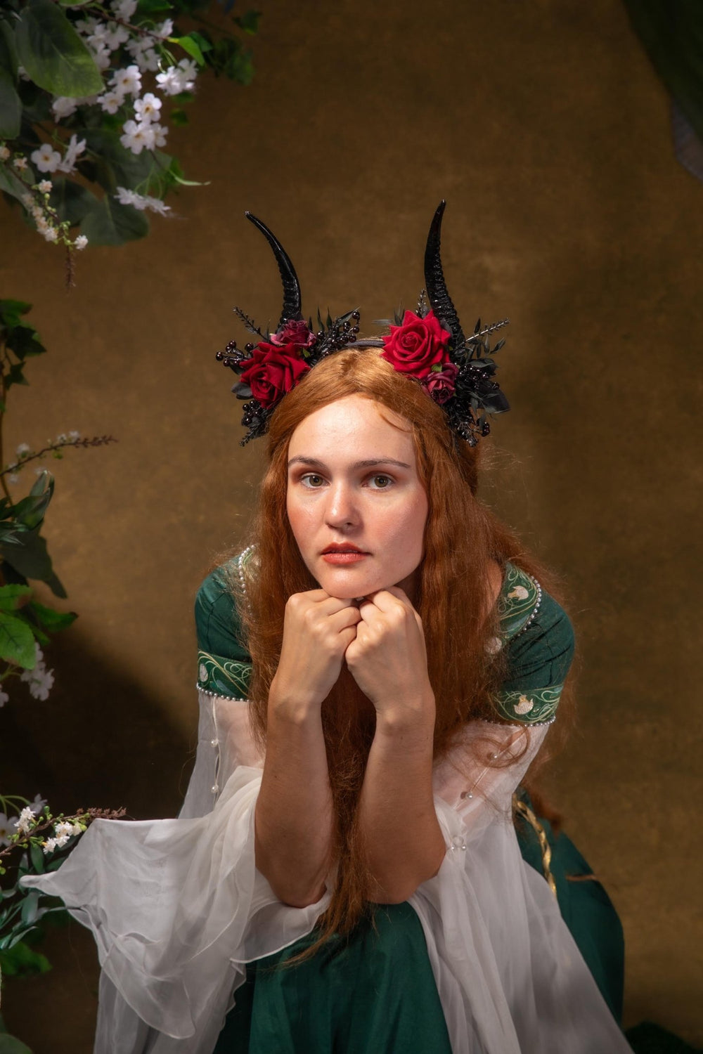 Red Rose & Black Horns Crown: Gothic Pagan Headpiece – handmade floral hair accessory by magaela