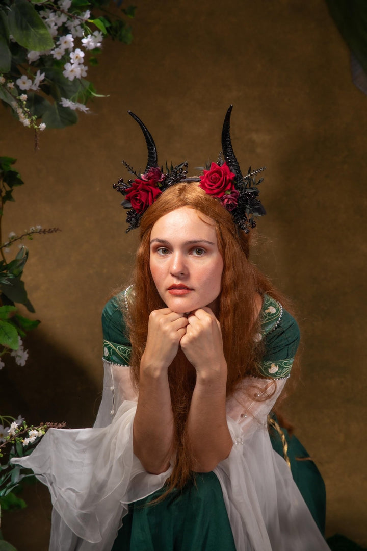 Red Rose & Black Horns Crown: Gothic Pagan Headpiece – handmade floral hair accessory by magaela