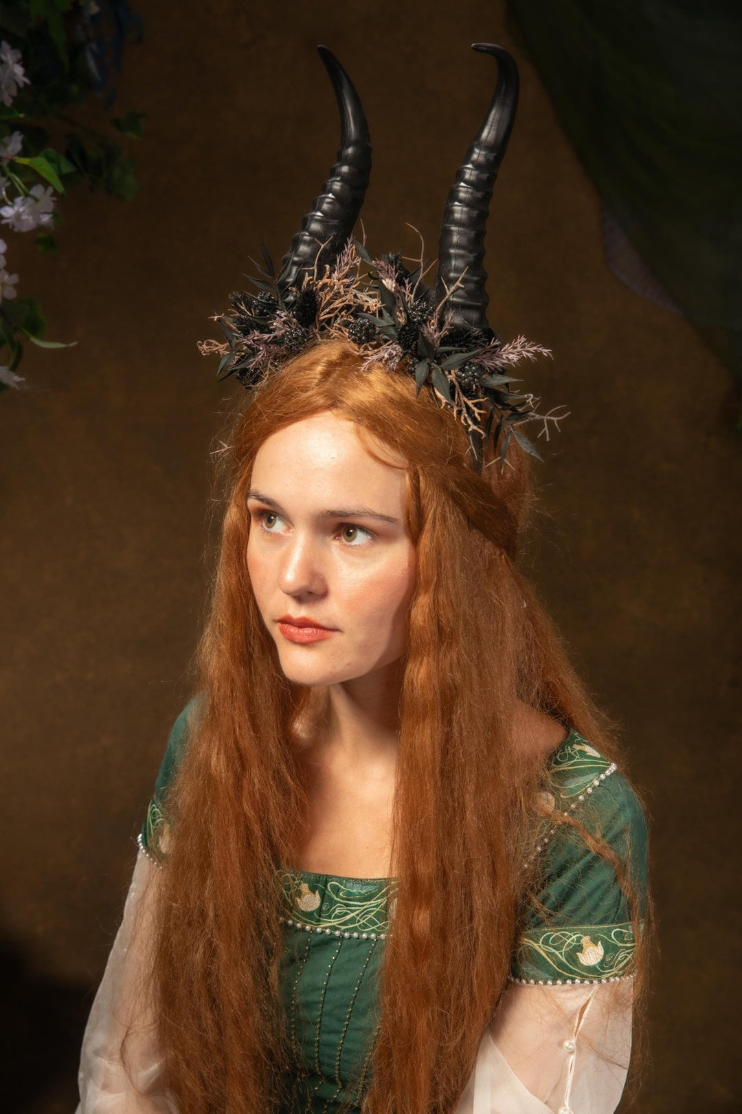 Blackberry Horned Crown: Gothic Flower Witch Headpiece – handmade floral hair accessory by magaela