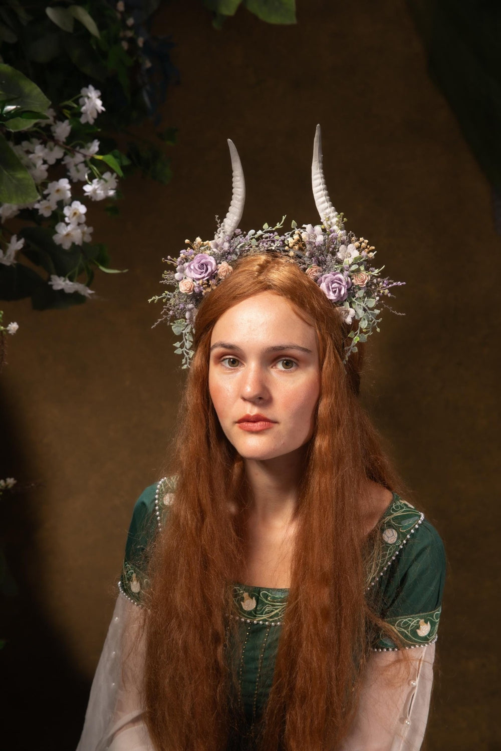 Fantasy Flower Crown with White Horns: Pagan Headpiece – handmade floral hair accessory by magaela
