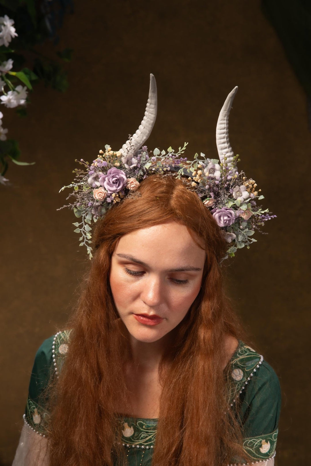 Fantasy Flower Crown with White Horns: Pagan Headpiece – handmade floral hair accessory by magaela