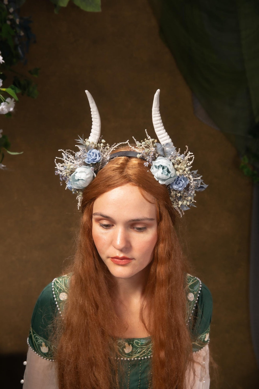 Blue Flower Crown with White Horns: Romantic Floral Headpiece – handmade floral hair accessory by magaela