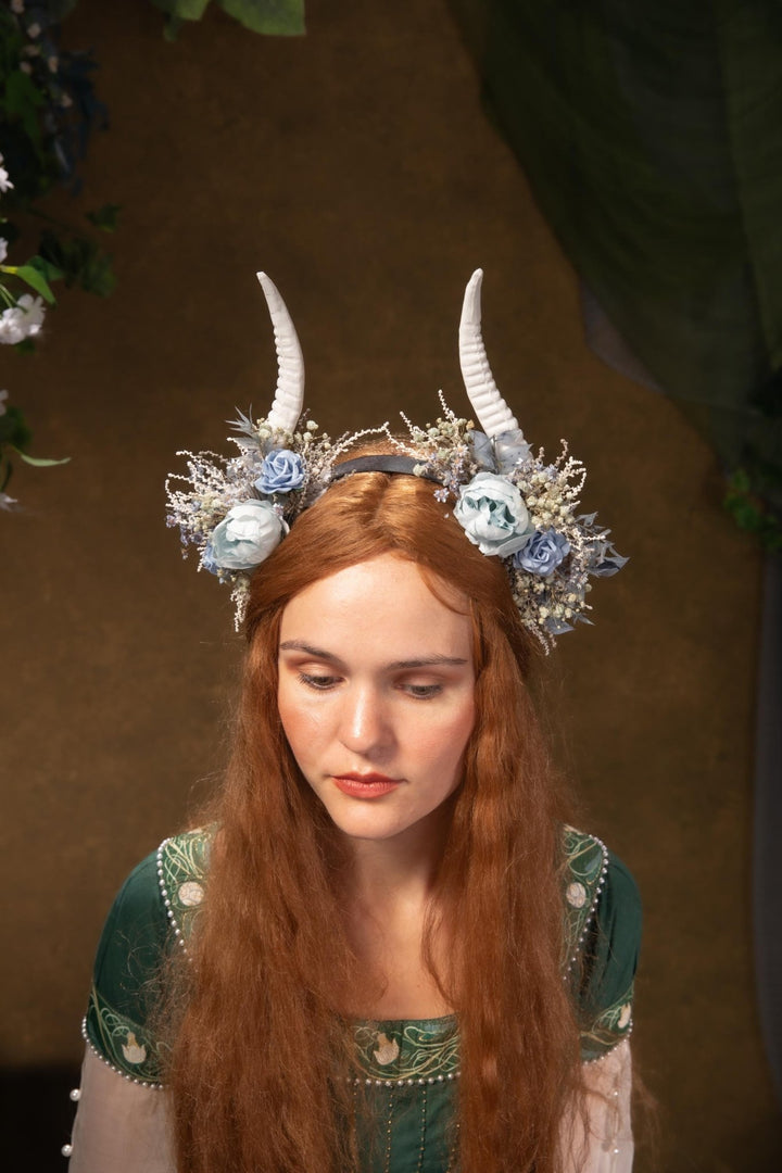 Blue Flower Crown with White Horns: Romantic Floral Headpiece – handmade floral hair accessory by magaela