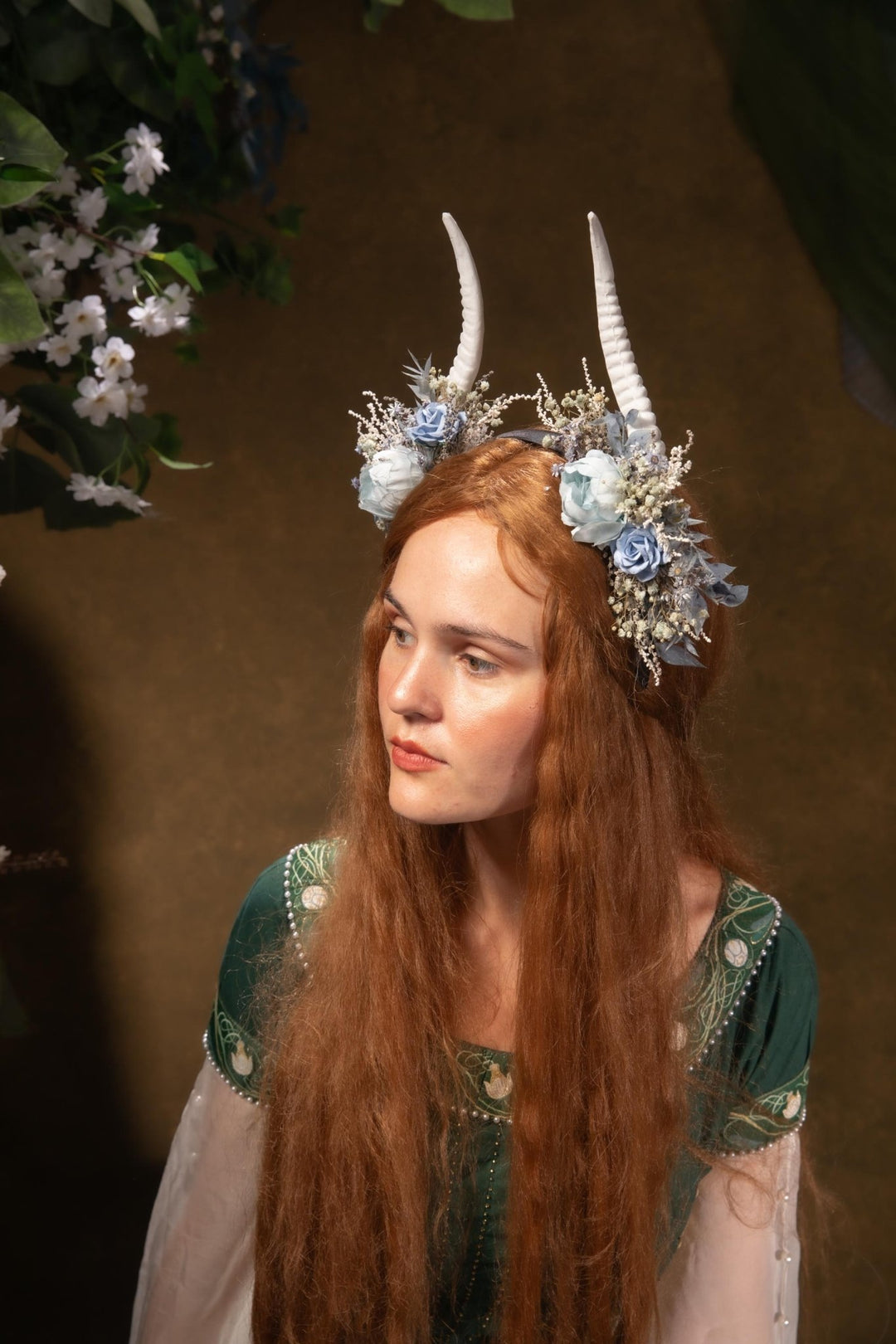 Blue Flower Crown with White Horns: Romantic Floral Headpiece – handmade floral hair accessory by magaela