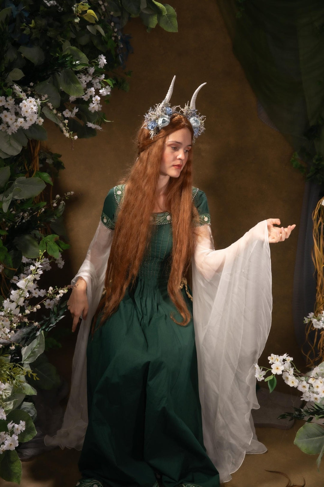 Blue Flower Crown with White Horns: Romantic Floral Headpiece – handmade floral hair accessory by magaela