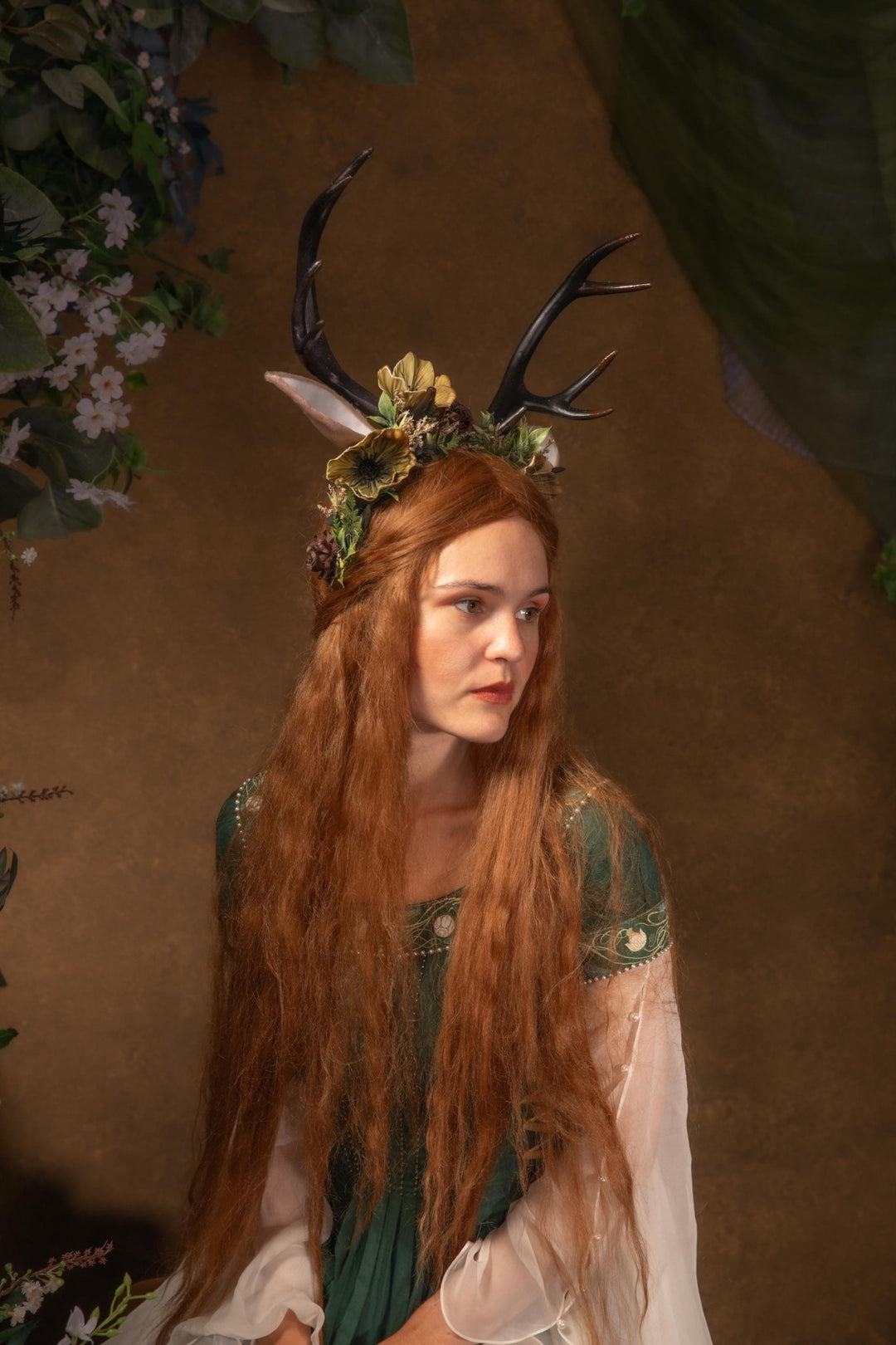 Fairytale Deer Antler Crown: Anemone Flower Headpiece, Pagan Fest Cosplay – handmade floral hair accessory by magaela