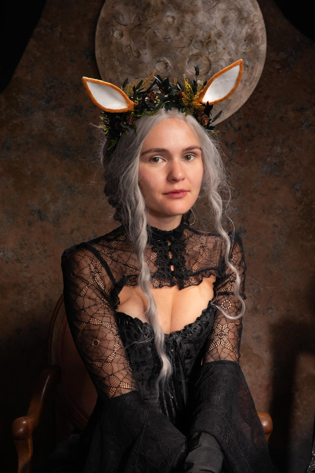 Woodland Fairy Crown: Pine Cone & Deer Ear Headband – handmade floral hair accessory by magaela