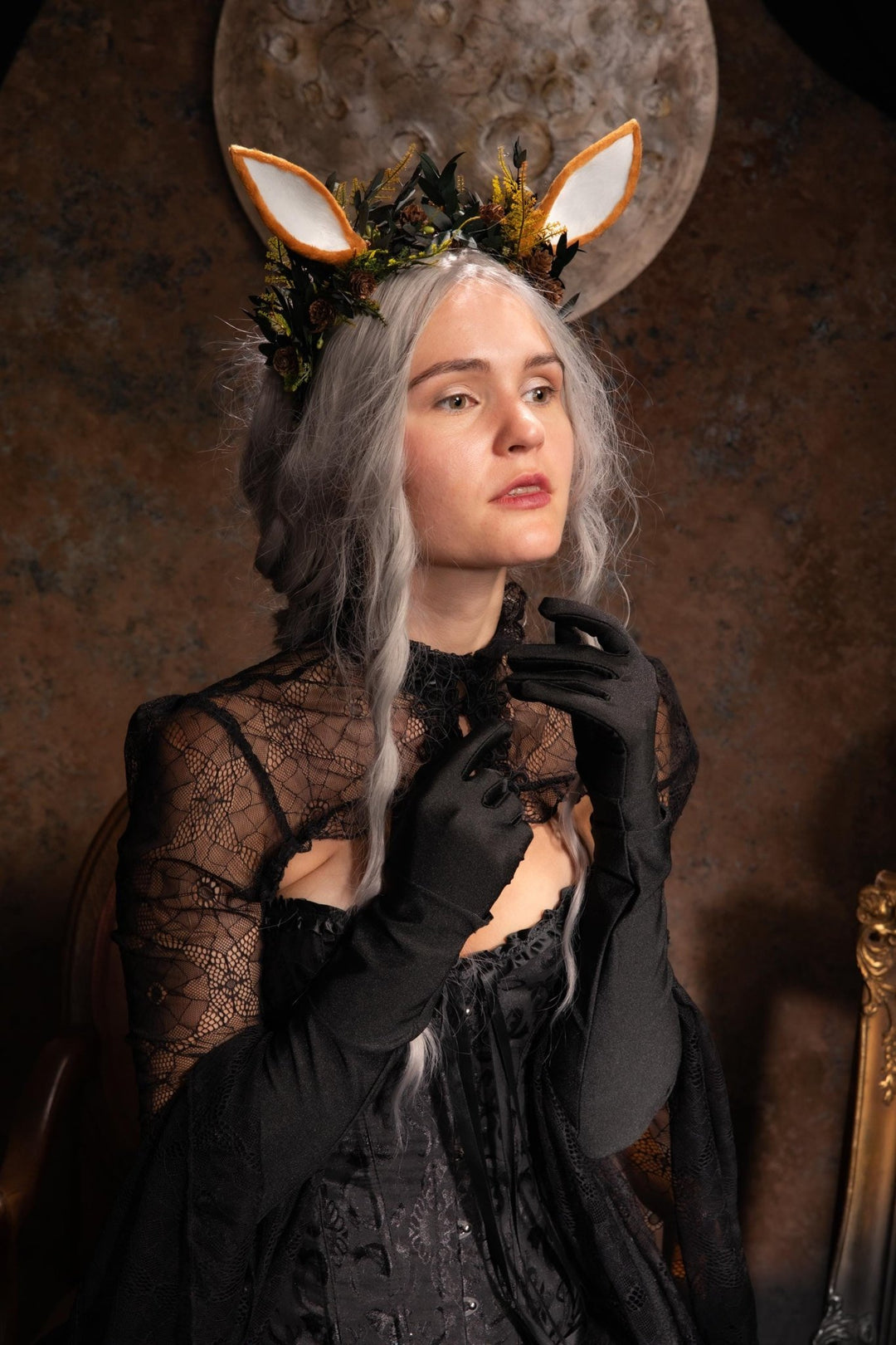 Woodland Fairy Crown: Pine Cone & Deer Ear Headband – handmade floral hair accessory by magaela