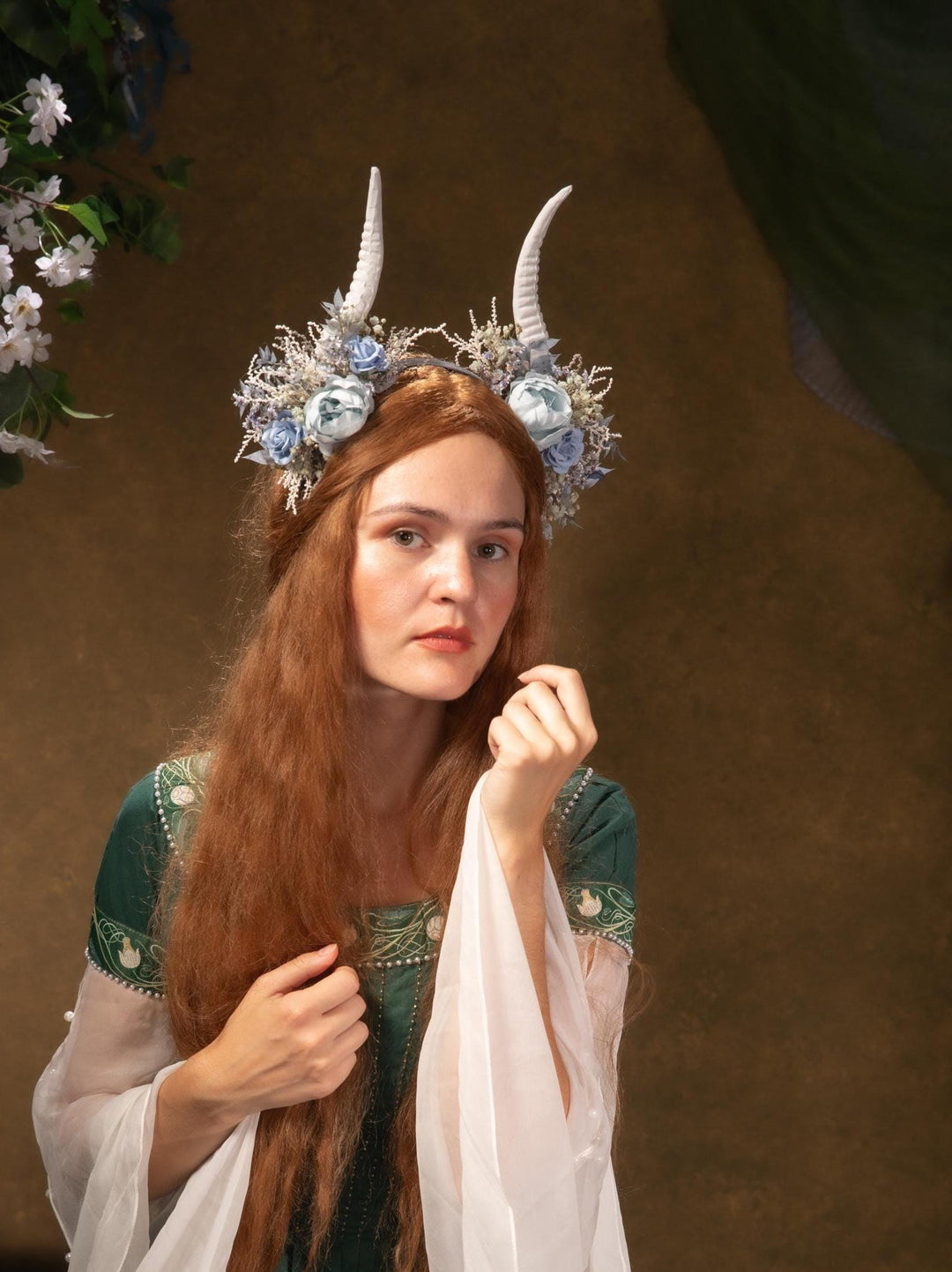 Blue Flower Crown with White Horns: Romantic Floral Headpiece – handmade floral hair accessory by magaela