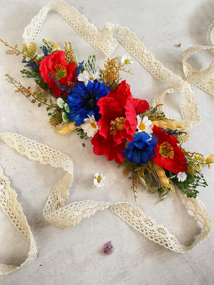 Floral Dog Collar: Folk Meadow Poppy Flower Design, Size L – handmade floral hair accessory by magaela