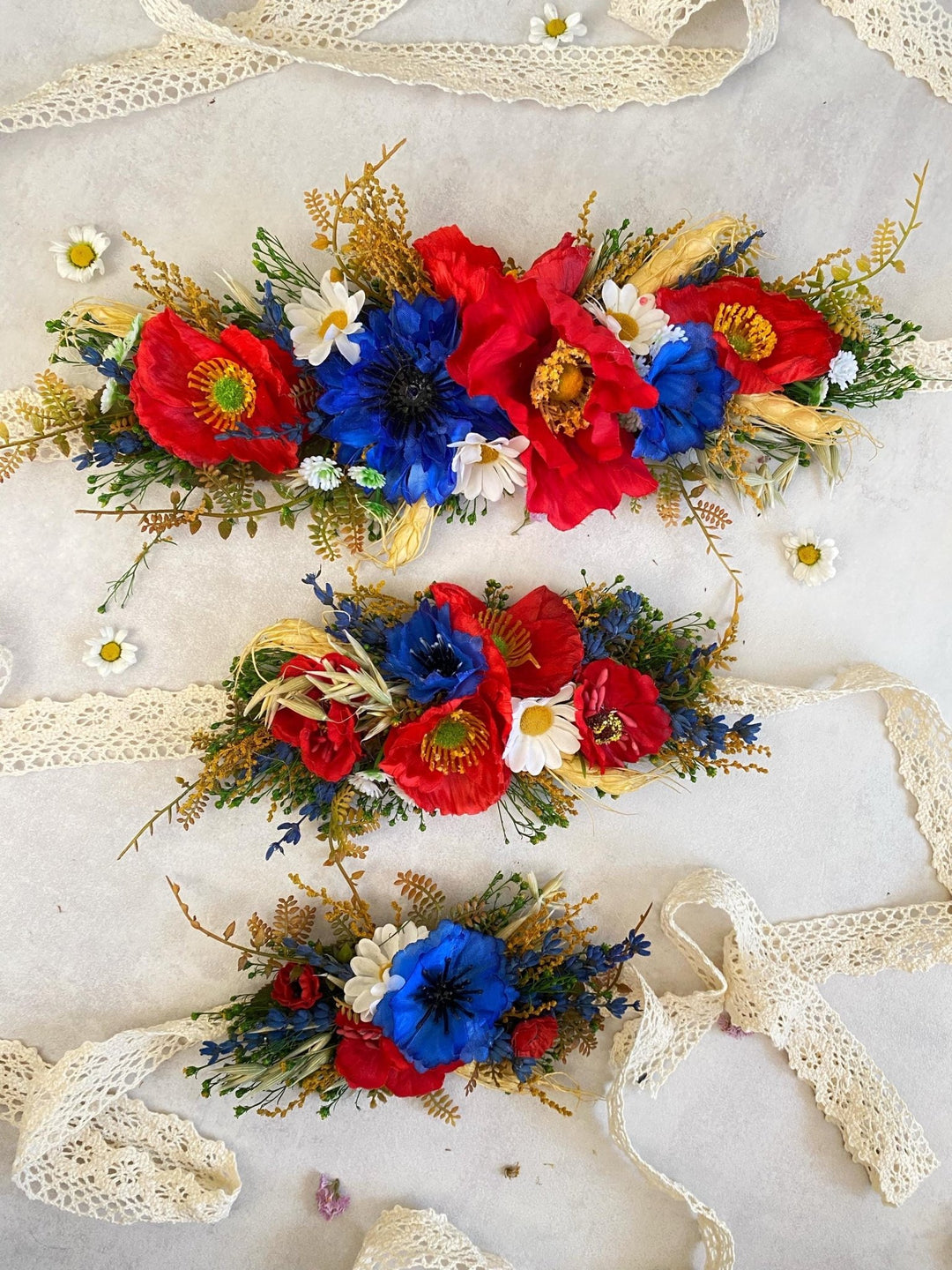 Floral Dog Collar: Poppy Folk Meadow Design - Wedding Accessory (M size) – handmade floral hair accessory by magaela